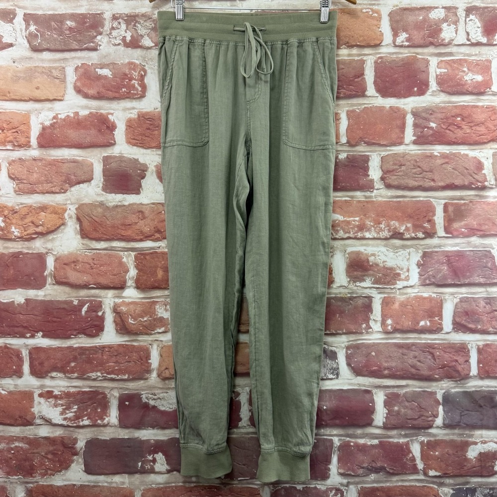 C&C California Pants Women's Medium Green 100% Linen Casual Pocketed Joggers